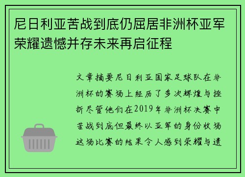 尼日利亚苦战到底仍屈居非洲杯亚军荣耀遗憾并存未来再启征程